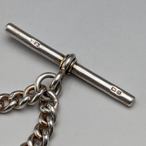Circa 1910 British Antique Sterling Silver Albert Chain 44g Claw & Bowl Fob